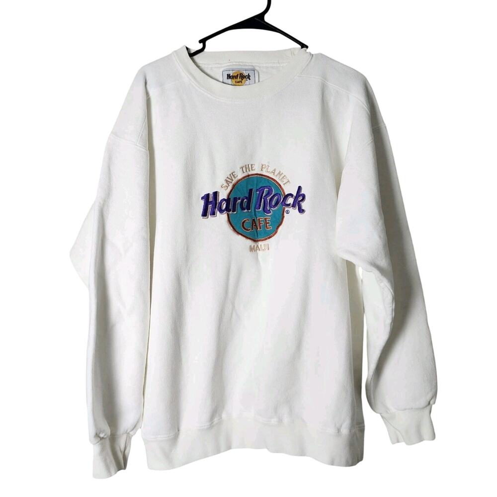 Vintage Hard Rock Cafe Sweatshirt‎ Size Large White Maui Hawaii Crewneck